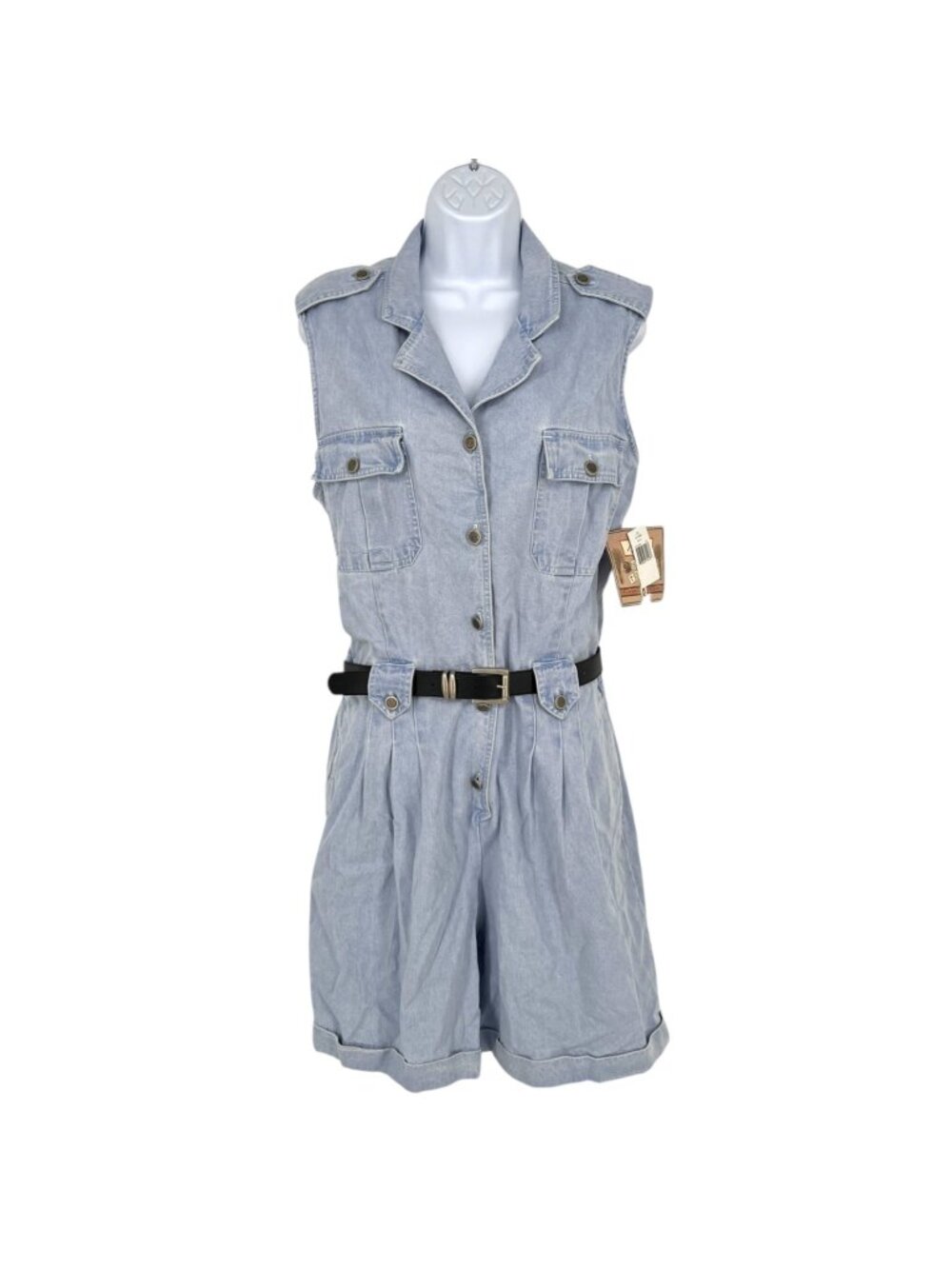 Bill Blass 90s Vintage Blue Denim Pleated Romper Aqua Snow Size Large NWT